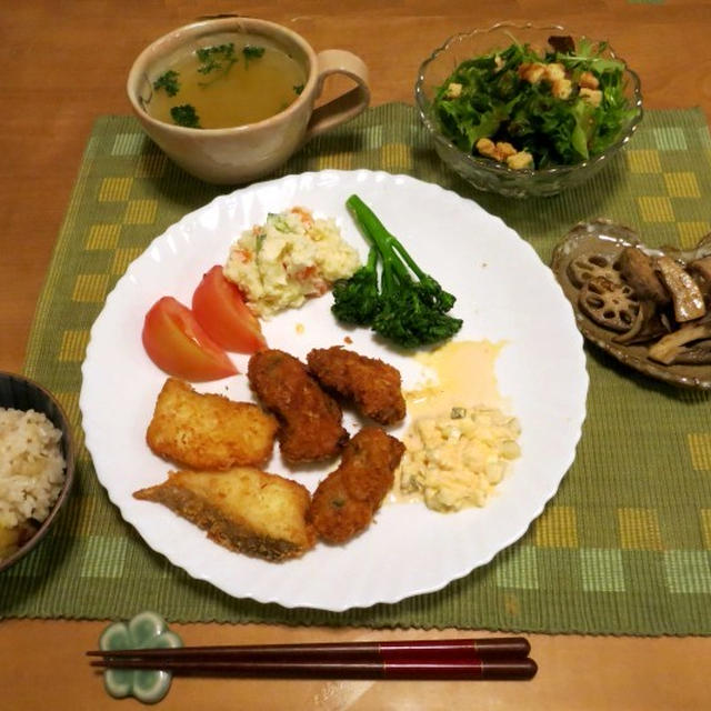 鱈＆牡蠣フライの献立　と　小松菜の菜の花