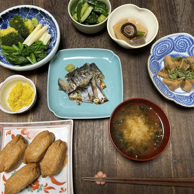 筍煮山椒鯖缶・炊合せ黒酢菊花ブロッコリーホワイトアスパラのらぼう菜そら豆きゅうり漬稲荷鮨アオサ味