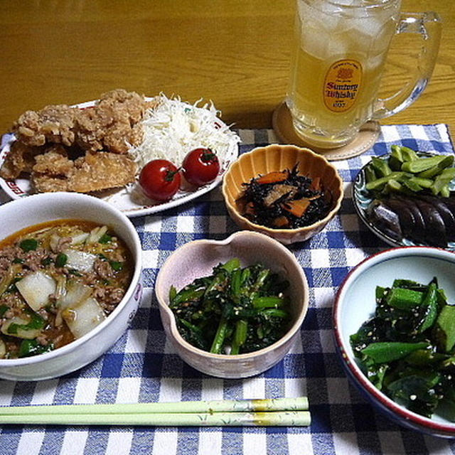 【晩酌】鶏の竜田揚げ・麻婆白菜・おくらとわかめのナムル…