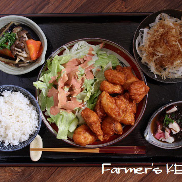 【晩ごはん】から揚げ前についでに野菜の揚げびたしの晩ごはん