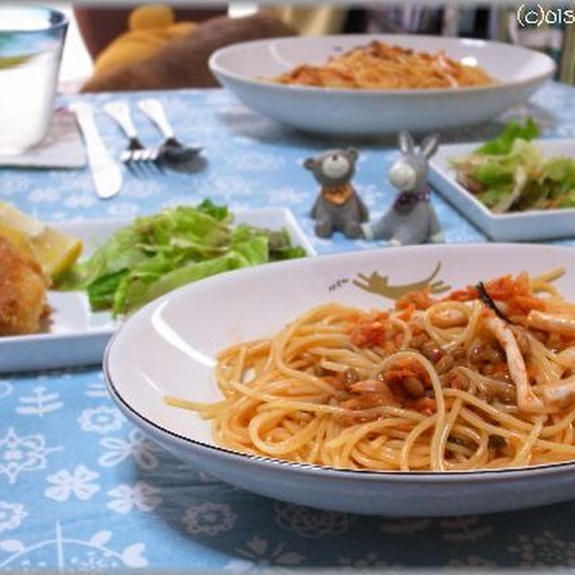 おうちランチ☆イカと納豆キムチの冷製パスタ。。。と、ブレックファーストMENU♪