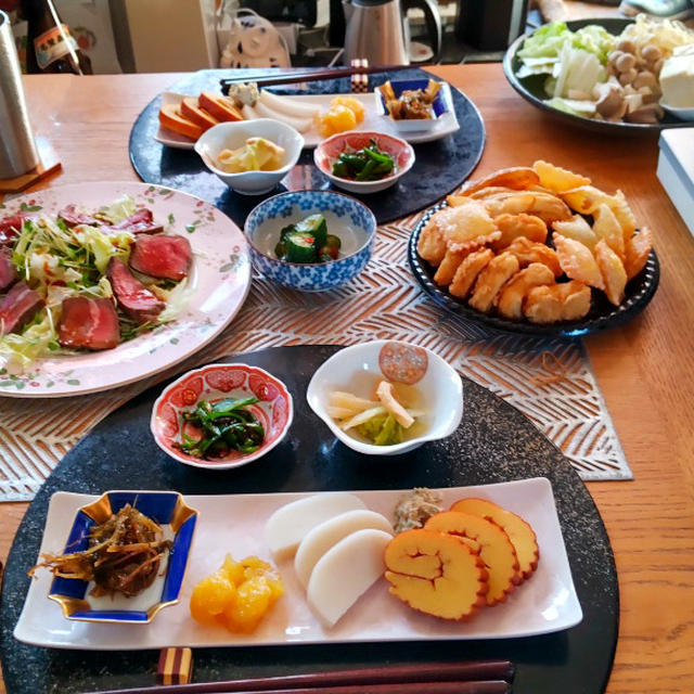しゃぶしゃぶ、ローストビーフ、オードブル盛り合わせとプチっとおせち風小鉢で昼からダラダラ宅呑み