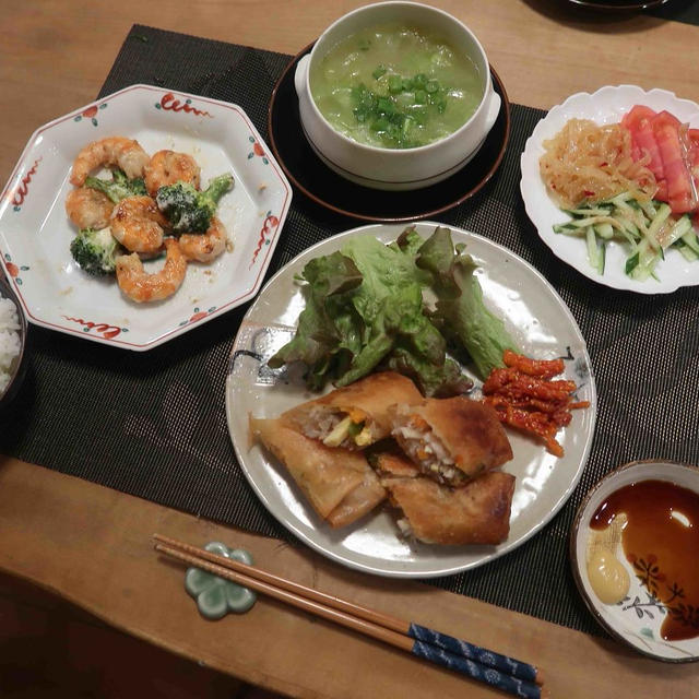 春巻と海老ブロッコリーマヨの晩ご飯　と　もうひとつのミモザ♪