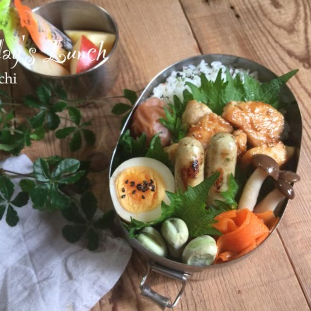 パパと息子の✳︎鶏のにんにく生姜焼のっけ弁当♡