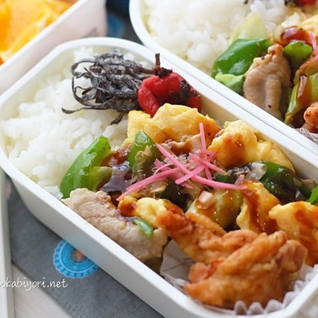 肉野菜炒めの簡単弁当｜唐揚げは以前作ったときに冷凍しておいたもの
