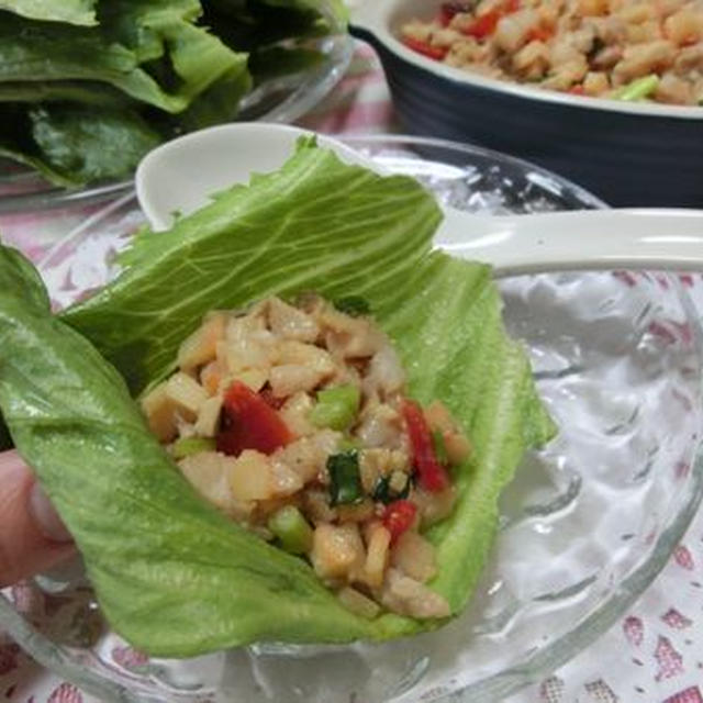 福神漬け入り☆　野菜と肉のオイ味噌炒め　レタス包み