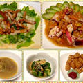 ビーフスープ、ミニハッシュドポテト、豚肉竜田揚げサラダ、タコのマスタードマリネ
