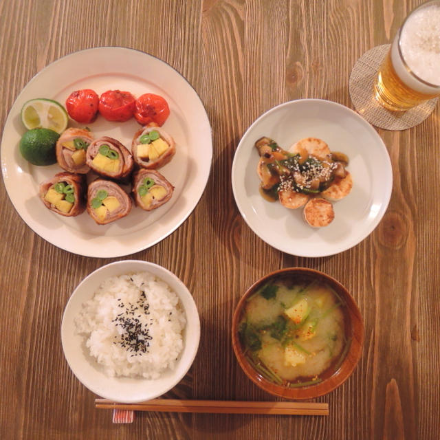 ～インゲンとサツマイモの肉巻と長芋と柚子胡椒あんかけ～