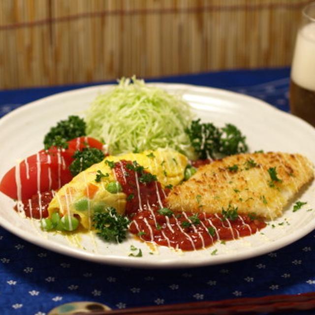サイコロ野菜オムレツと白身魚のパン粉焼き　