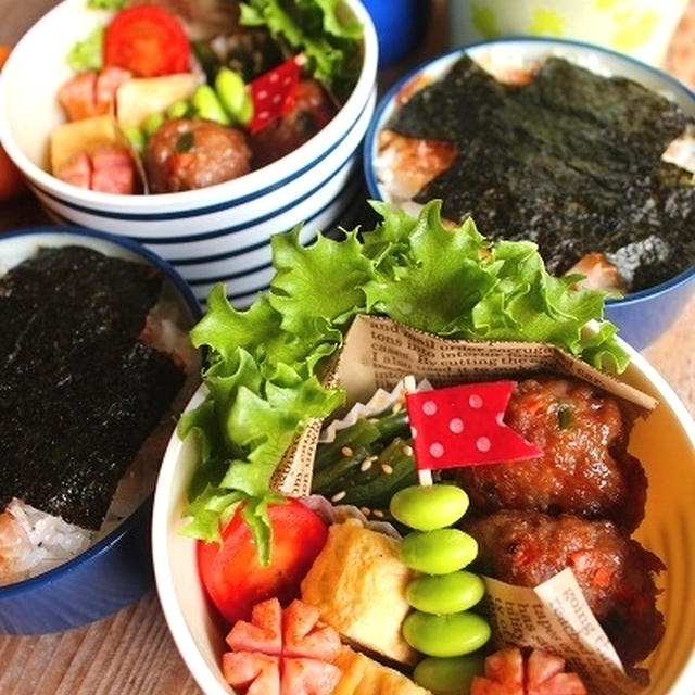 運動会のお弁当＊海苔弁、お味噌汁とみかん付き。
