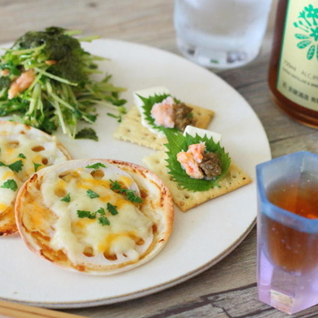 緑茶とジャスミンの焼酎＋ミニおつまみ　＆オーロラショットグラス