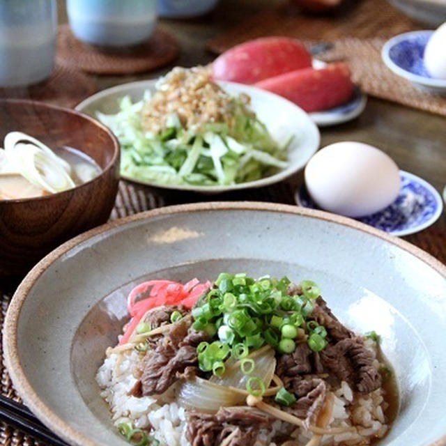 牛丼とけんちん汁。梅味噌ごまづけのヒレカツ、くらしのアンテナ掲載。