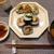 巻き寿司＆お花のj形のニラ餃子の定食♪しょうが風味のカボチャプリン付き♪