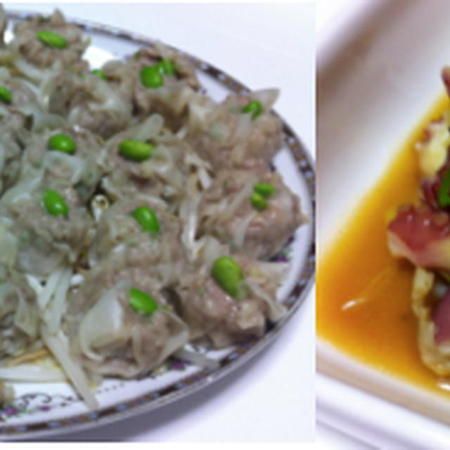 肉シュウマイ、豆腐とほうれん草塩煮込み、タコの中華風酢の物