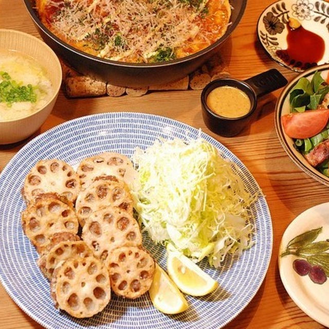 シャキシャキもっちり～♡レンコンの挟み揚げ定食【山芋鉄板のレシピ】