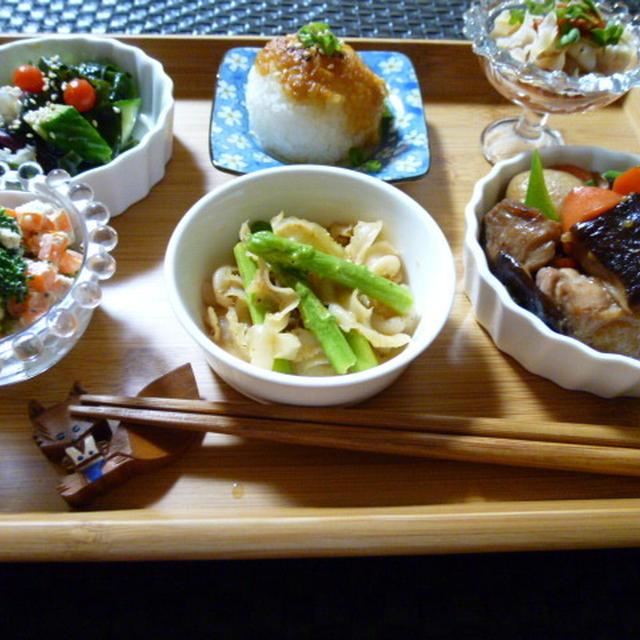 麹にんにく醤油で煮ものとホタテのひもとアスパラのソテーの献立　夕ご飯
