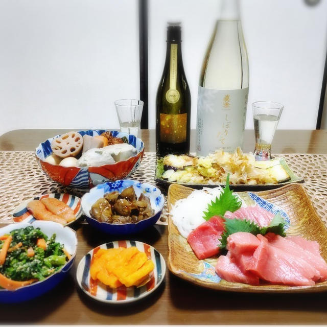 【家飲み/日本酒】 寒菊 電照菊 純米大吟醸 山田錦50生 / 真澄しぼりたて生 * 焼き赤ナス * 京芋おでん