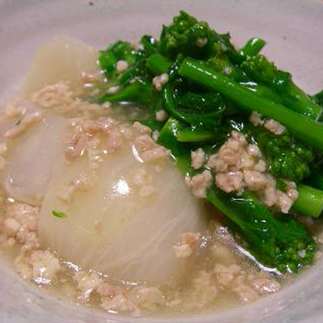 とろり優しい味　かぶと菜の花のひき肉あん