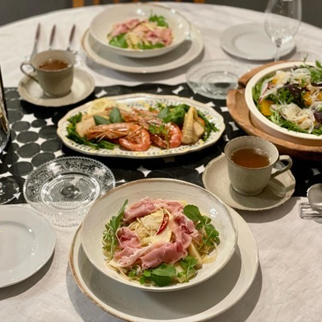 たけのこのパスタと海老のグリルの夜ごはん＆甘えんぼくちん