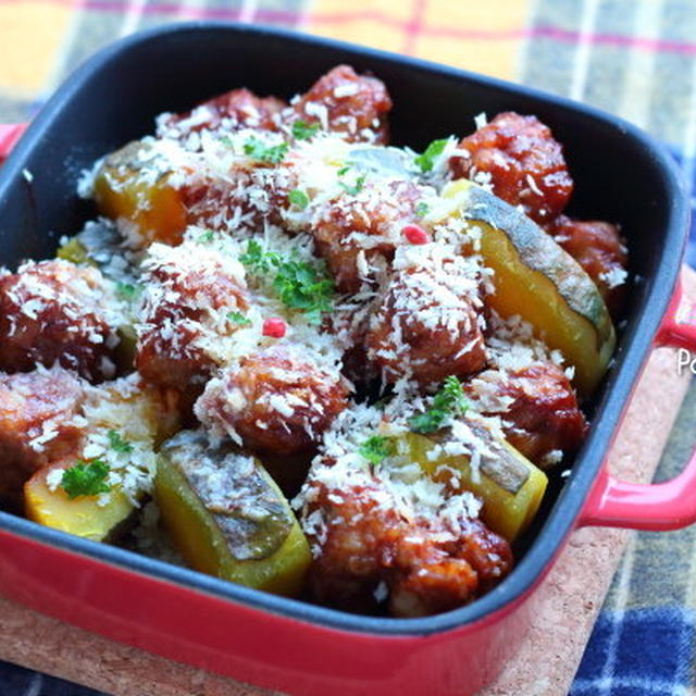 ストックおかずの【ポークボール】で作る　かぼちゃのパン粉焼き