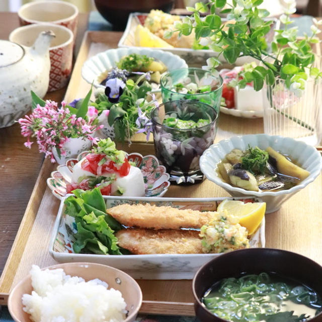 【献立】鯵フライと茄子のわさび煮。の献立　と　蚊に刺されオデコ。