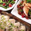 和洋中華の融合で：鰆の夏味バルサミコソース、カブの鶏肉あんかけ、アスパラとローストきのこ＆トマト by まゆニャンさん