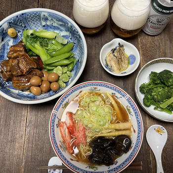 前澤牛ラーメン筍カニカマ木耳・和豚角煮鶉卵空豆スナップエンドウターサイ・佐渡牡蠣オイル漬け・ブロ