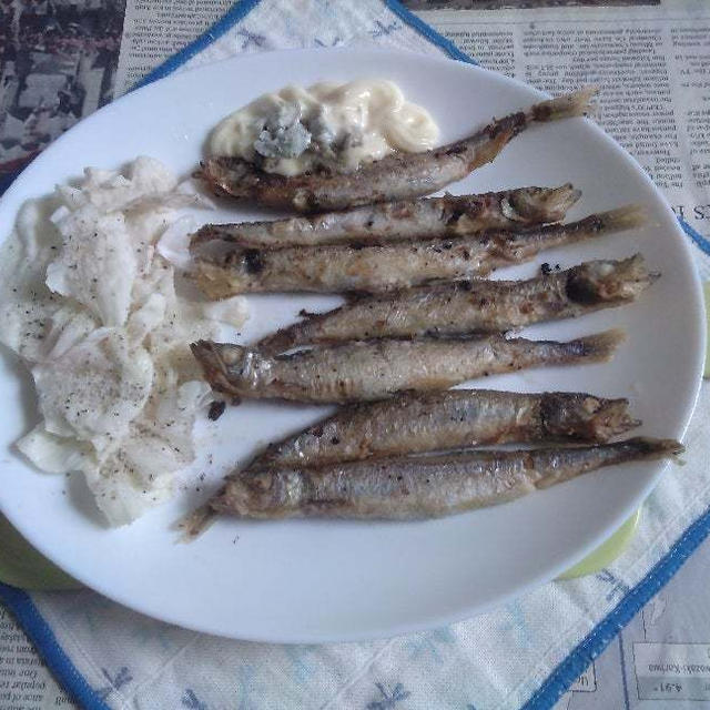 子持ちししゃもの揚げ焼き+湯通しキャベツ