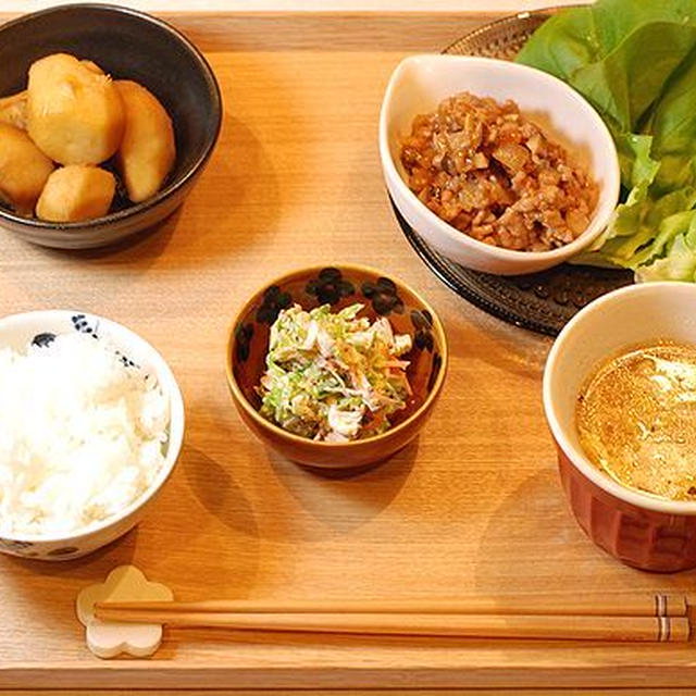 サラダ菜のピリ辛ひき肉包み定食【お取り寄せ♡栗かの子】