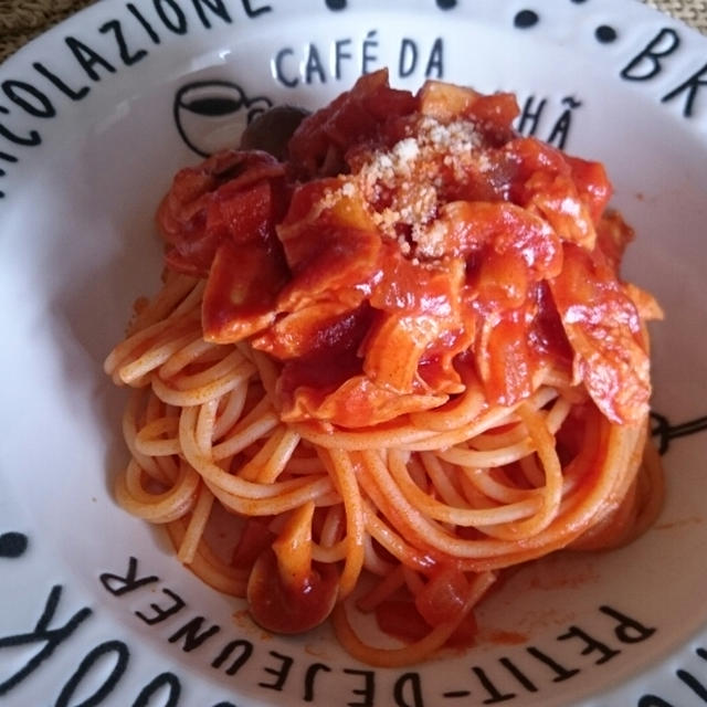 レシピブログ　鶏ささみ肉としめじのトマトソーススパゲティー