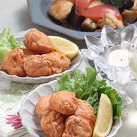 紅しょうが入りさつま揚げと鶏むね肉となすの黒酢炒めの日