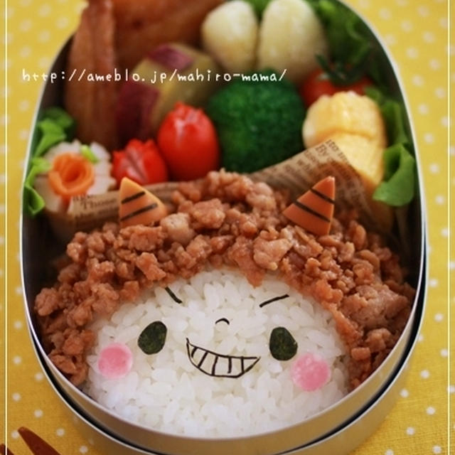 節分☆そぼろdeアフロ鬼っ子ちゃん弁当♪