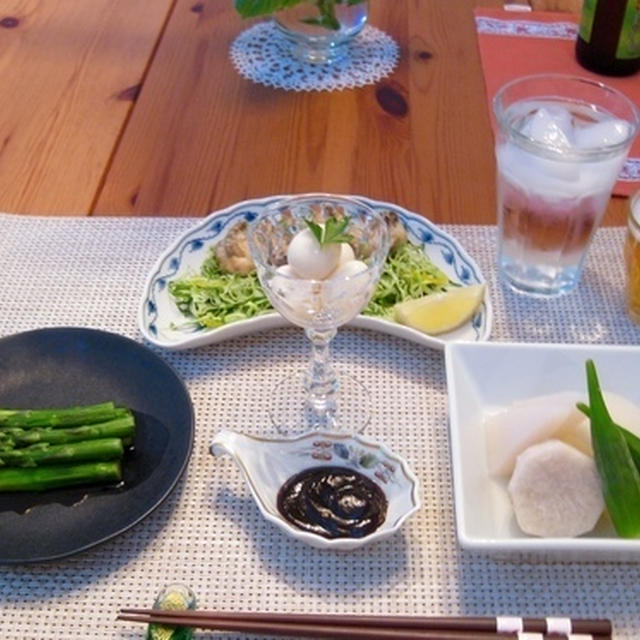 牡蠣の唐揚げポン酢ソースとガッ○ン流うずらの味玉、日本昔ばなし風（？）大根と、庭の茄子泥棒