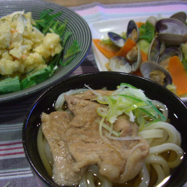 肉うどん＆アサリと野菜酒蒸し