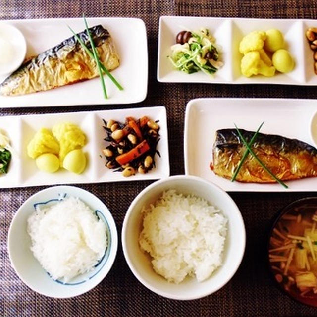 小さいおかず３品と焼き魚の皮をぷっくり仕上げましょう兼用ごはん♪