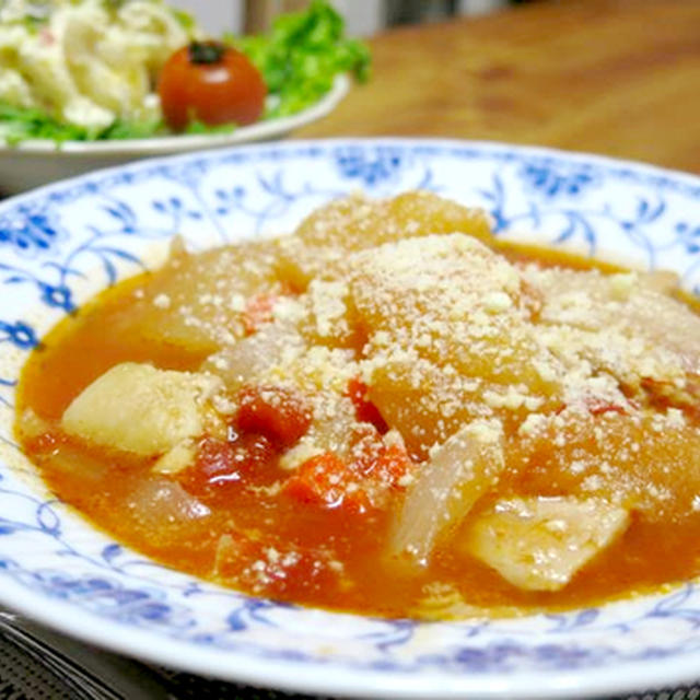 今日の晩御飯/とろとろふわふわ「鶏肉と冬瓜のトマトとろみスープ煮」。とっておき熱々スープでホッとしよう。