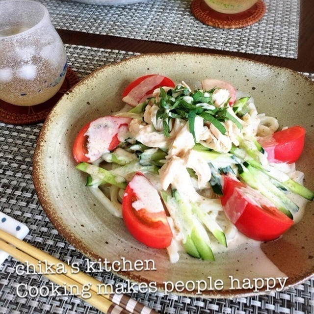 お知らせ。 と タレが美味しい♡ふっくらささみの棒棒鶏風サラダうどん♪