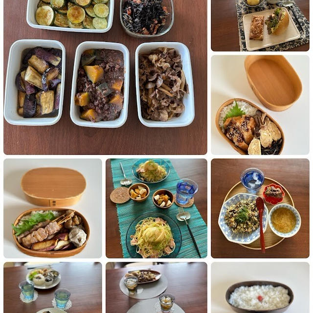 1週間のつくりおきおかずと、それを使って作る昼ごはん、晩ごはん、お弁当