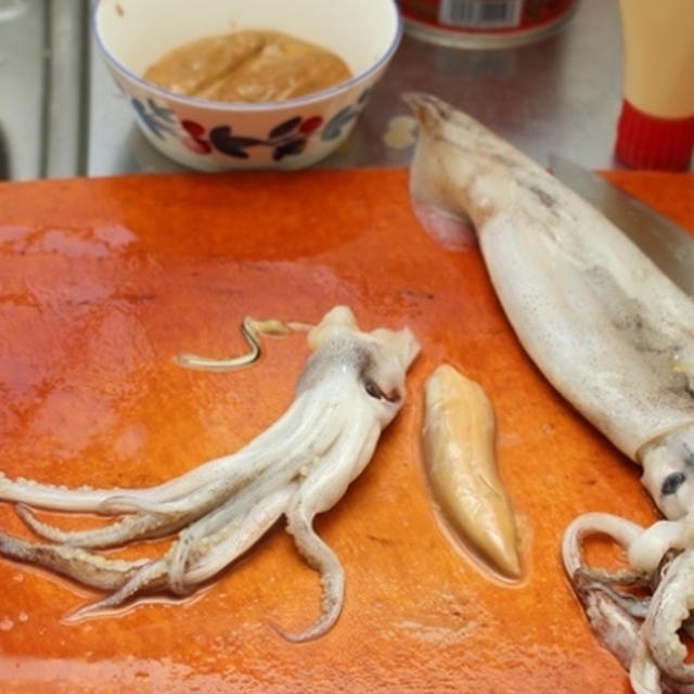 イカのわた焼きといわしの生姜梅煮で乾杯