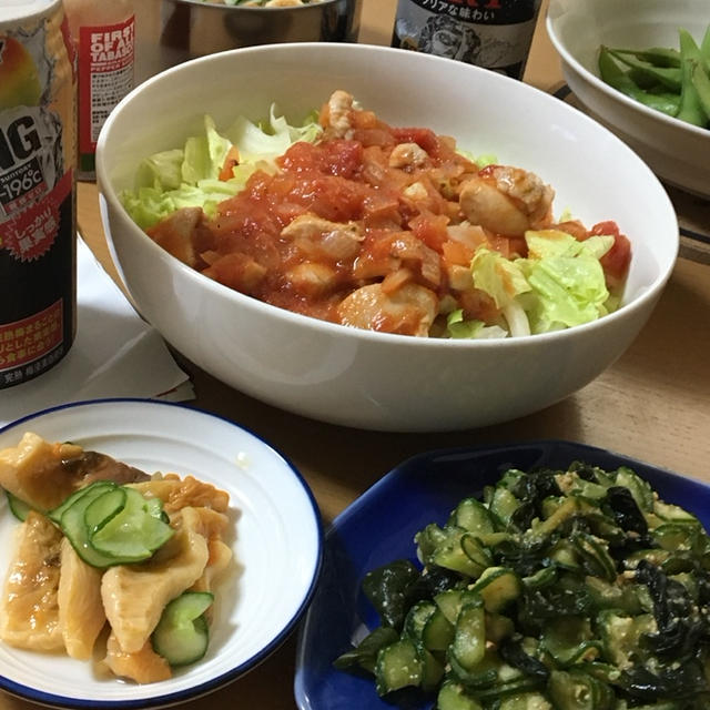 トマト煮込みチキン冷やしうどん&海鞘&和え物暑さ対策夜ごはん