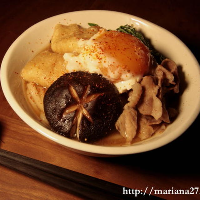 干し椎茸と昆布のおだしで作るめんつゆで　「鍋焼きうどん」　by まりあーな　（３/１３）