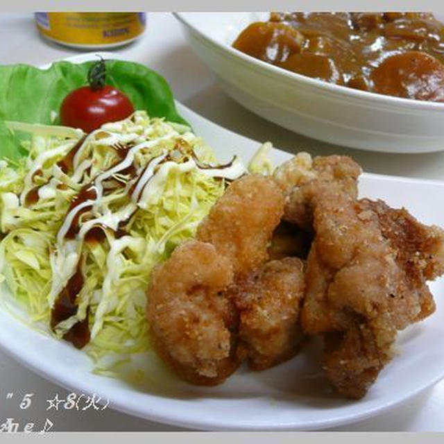 今日もカレー！オマケの皮無しから揚げ～　