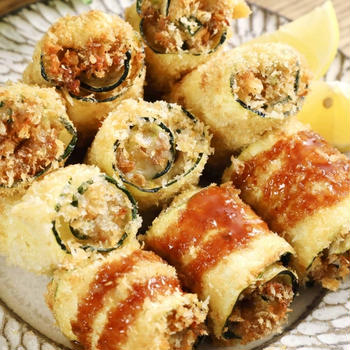 お肉ふわとろ～！チーズが入った【ズッキーニのロールカツ】