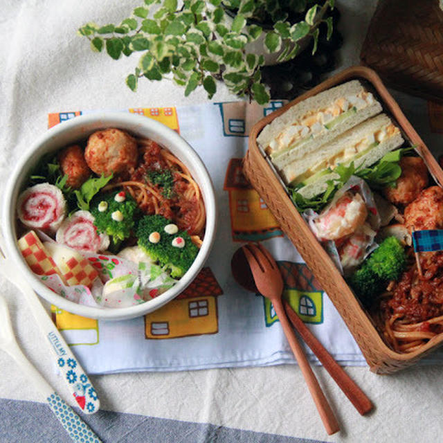 【親子弁】肉団子ミートスパとサンドイッチ弁当