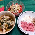 マグロのたたきの小鉢、豚肉のハリハリ煮、ゴボウサラダ