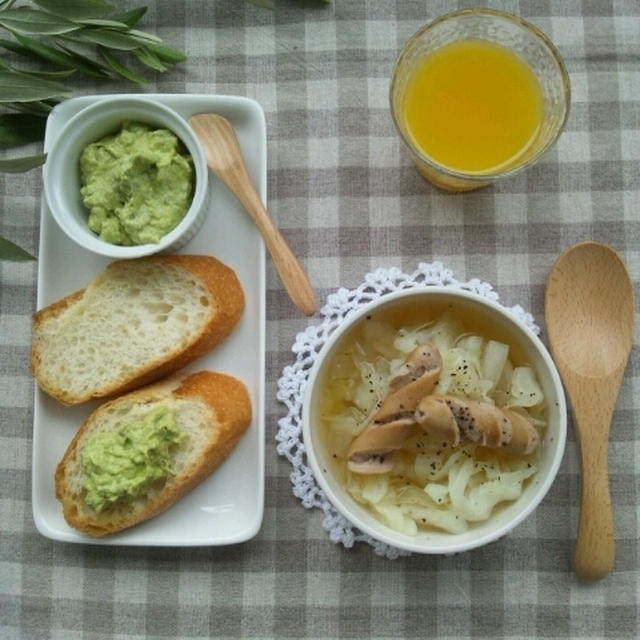 朝食の提案② ウインナーとキャベツのスープとアボカドディップ