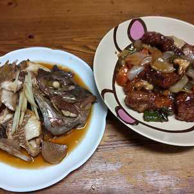 酢豚と鯛のあら煮。河津桜