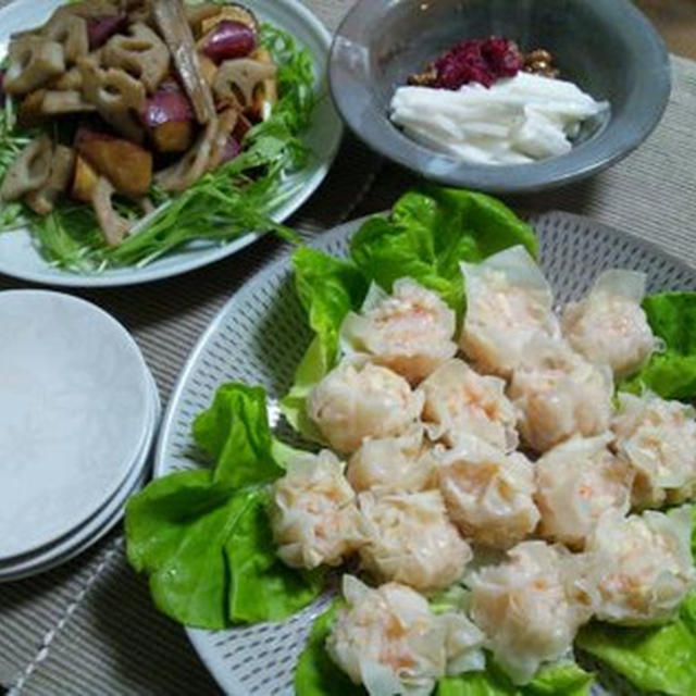 海老シュウマイと焼き野菜と長芋梅納豆