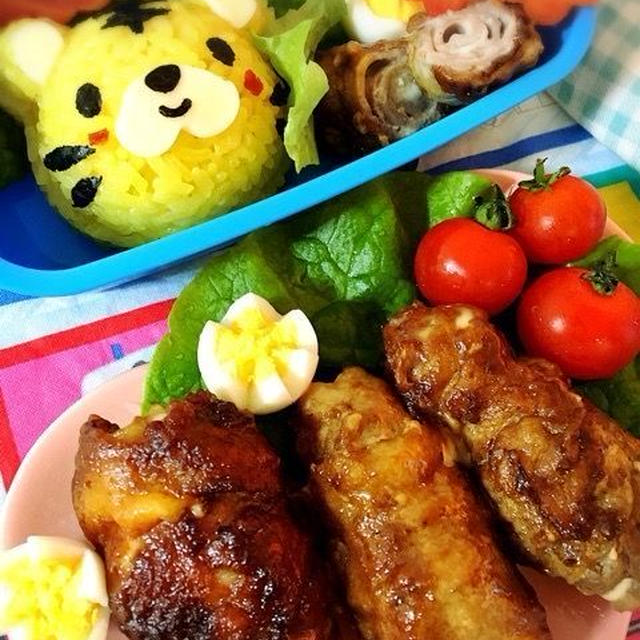 【キャラ弁】トラおにぎりと肉巻きチーズ弁当