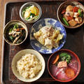 一汁四菜ごはん◆赤いお味噌汁、烏賊と里芋の煮物、白菜と豚肉の蒸し煮、ひじきとササミの和え物、蕪と金柑のサラダ